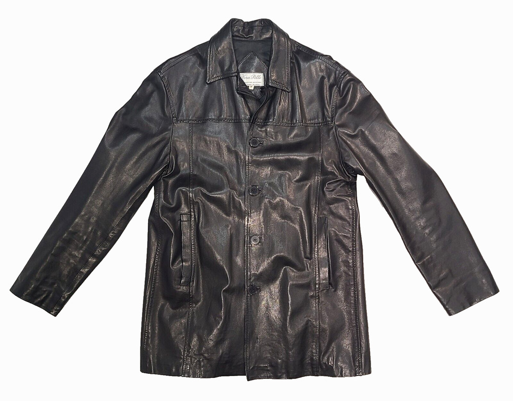 Vera Pelle Lavorazione Artigiana Women's Black Mid Length Leather Button Up Coat